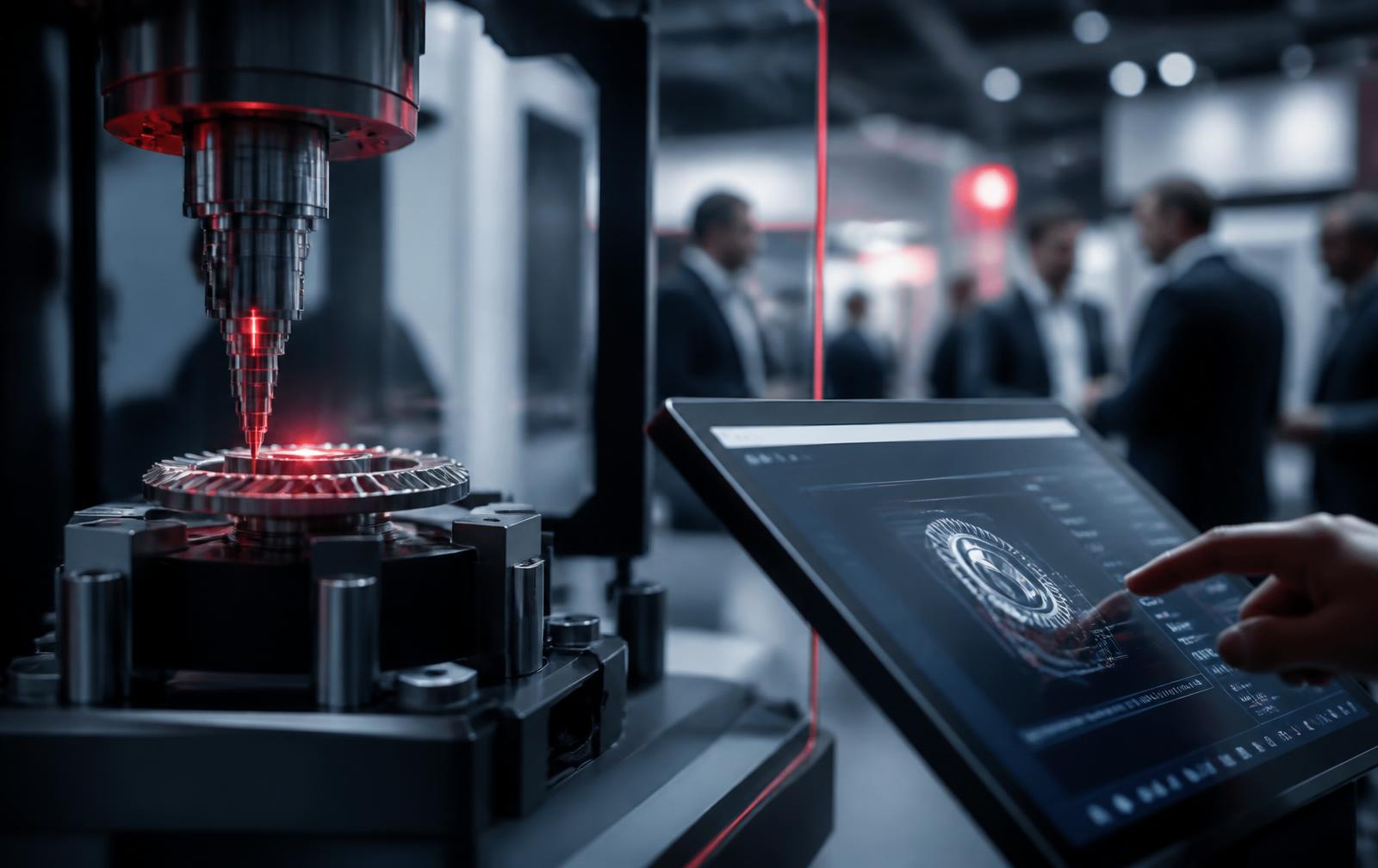 Präzisionsmaschinen und digitale B2B-Commerce-Oberfläche auf einer Industriemesse