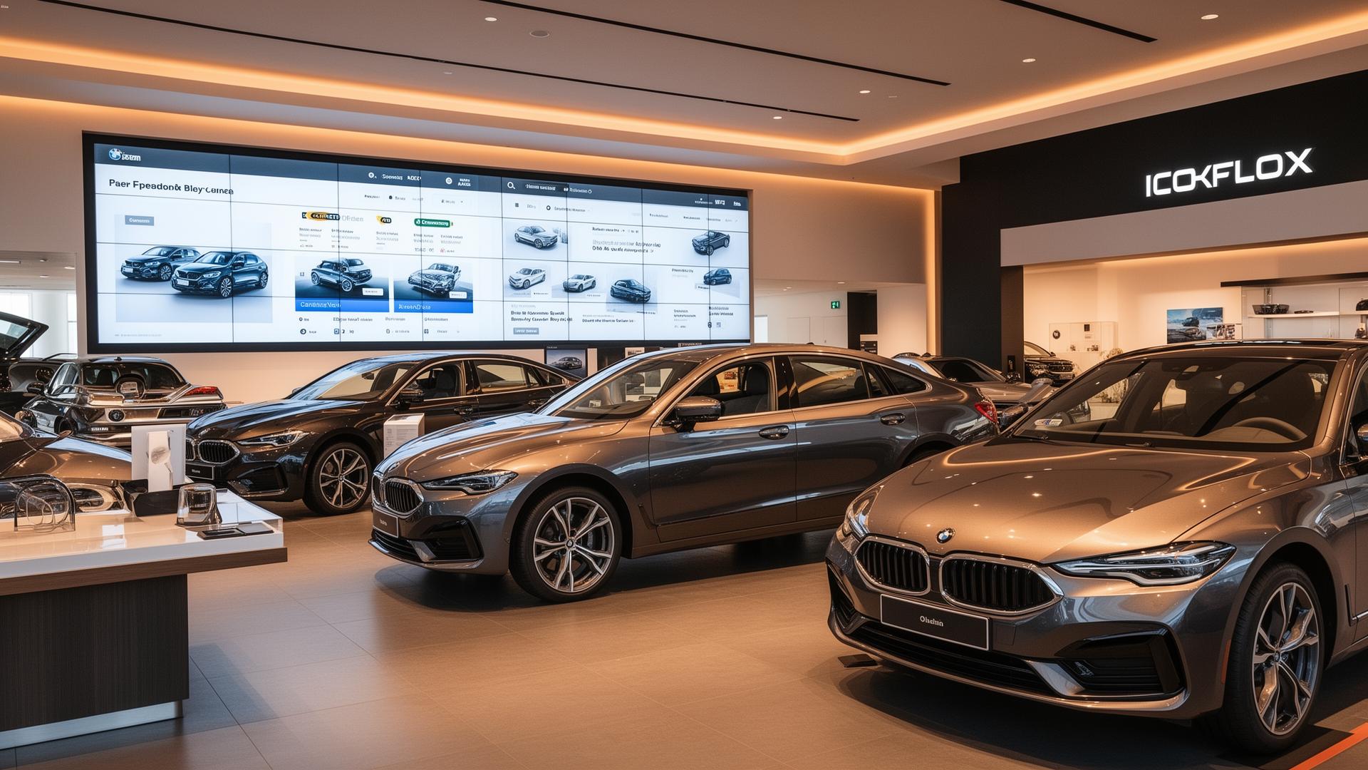 Moderner Automobil-Showroom mit digitaler Verkaufsfläche