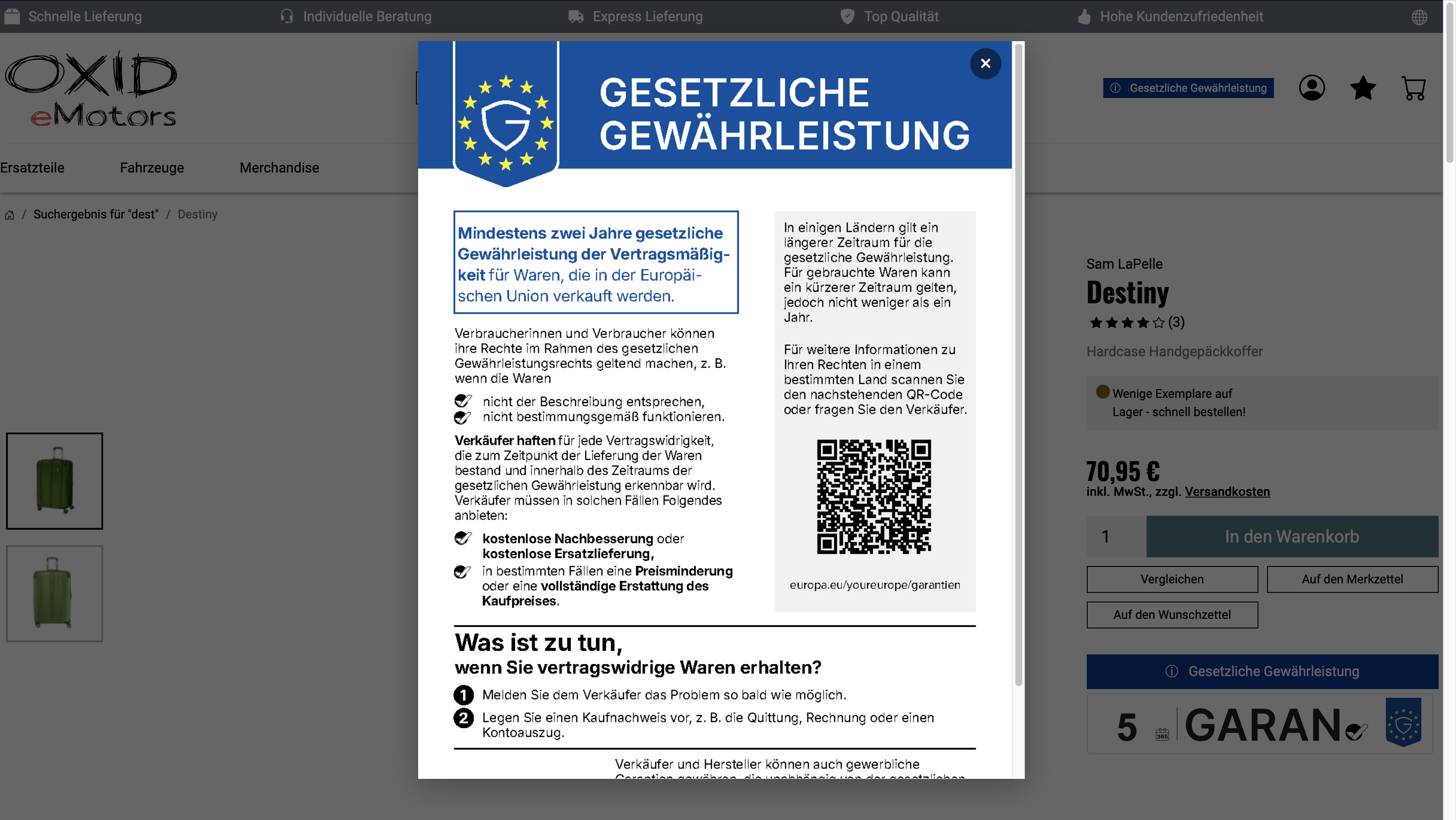 Modal mit dem gesetzlichen Gewährleistungshinweis