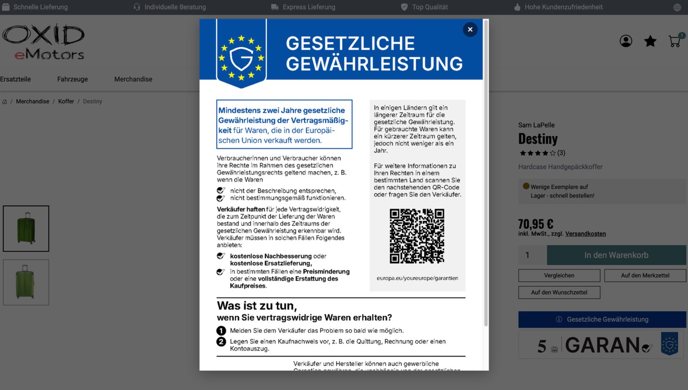 Vorschau einer Produktdetailseite mit eingeblendeter gesetzlicher Gewährleistung