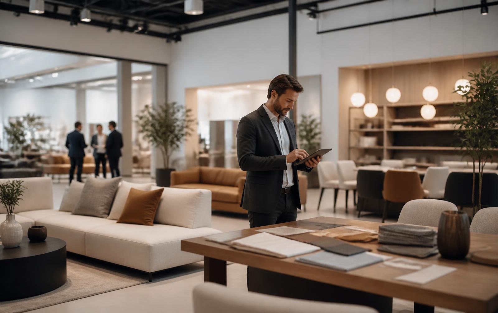 Möbelhändler mit Tablet in einem modernen Möbelshowroom mit stilvollen Sofas und Einrichtung