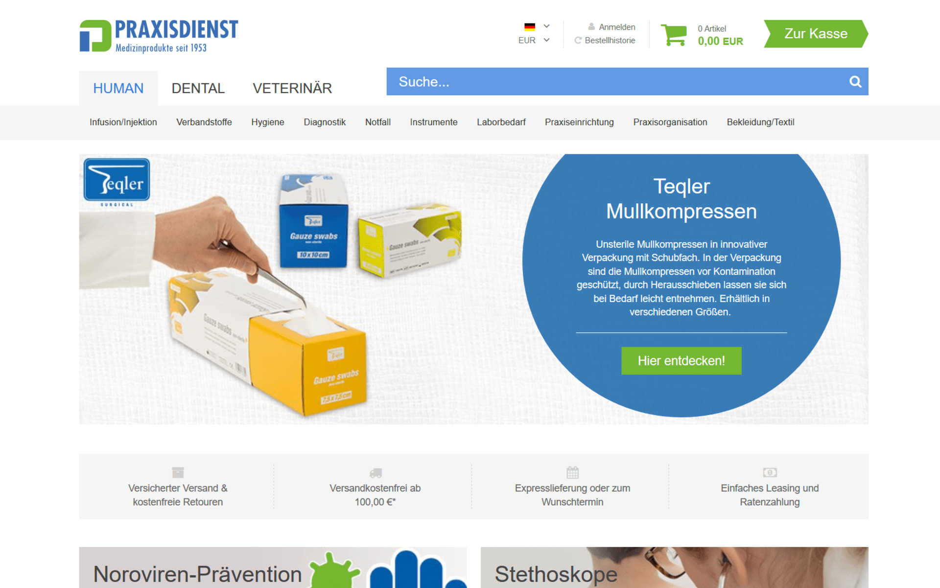 Screenshot der Startseite von praxisdienst.de umgesetzt mit dem OXID eShop