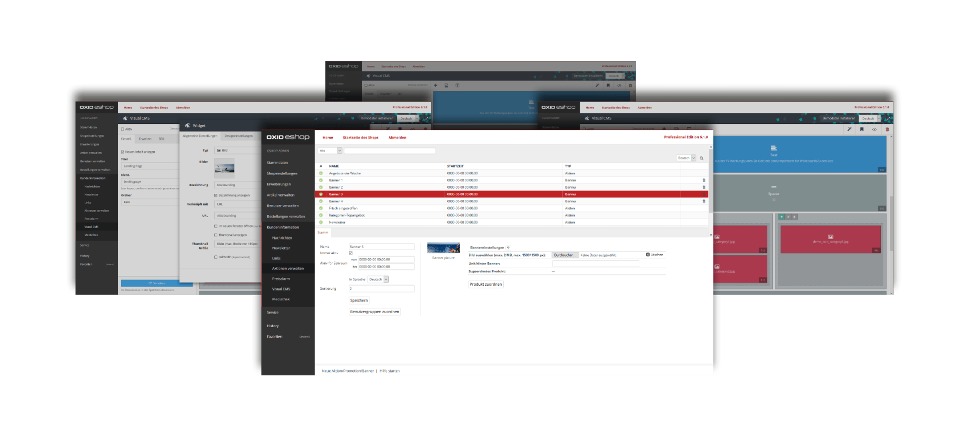 Beispielscreenshots verschiedener Ansichten aus dem Backend des OXID eShops