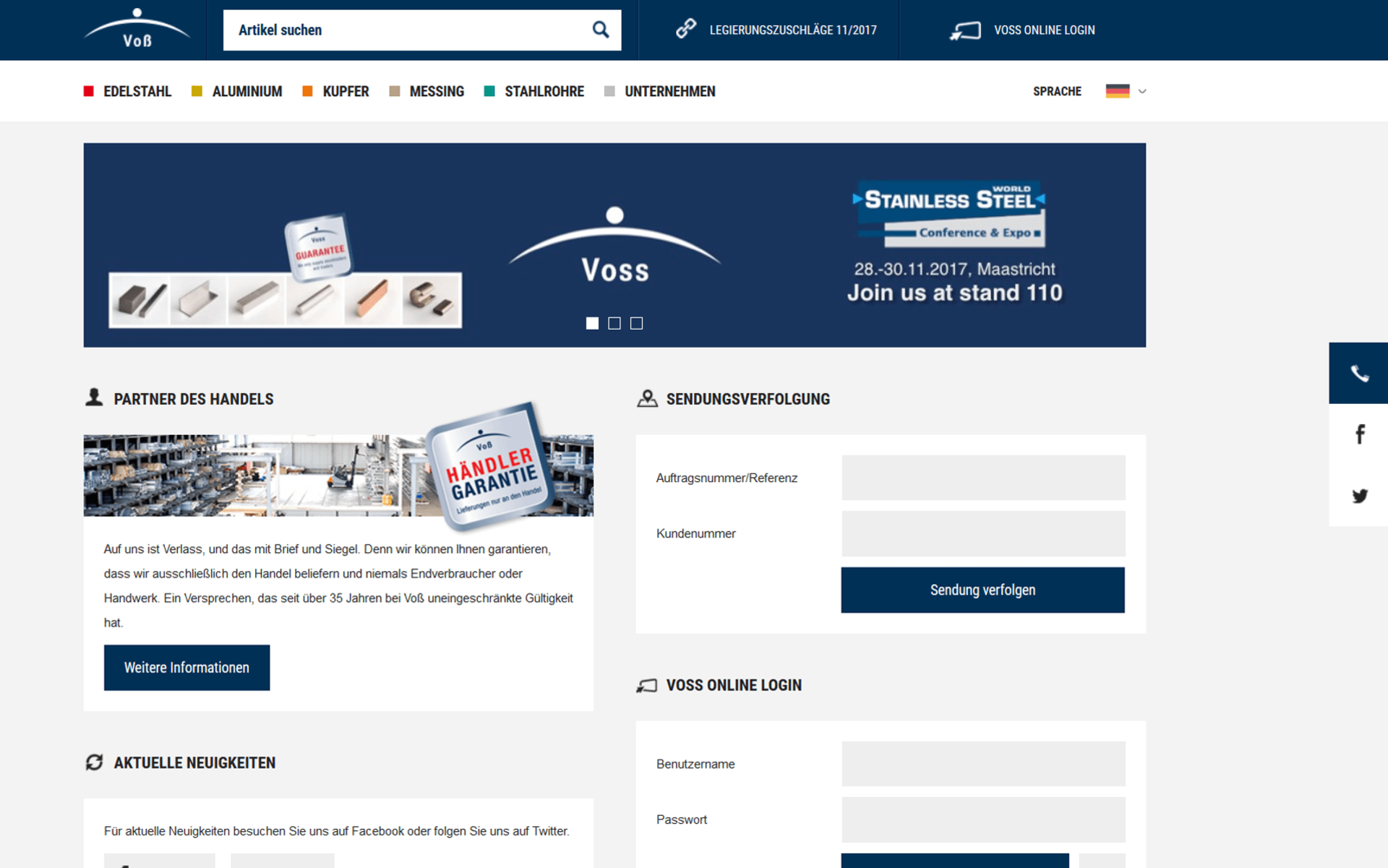 Screenshot der Startseite von voss-edelstahl.com umgesetzt mit dem OXID eShop