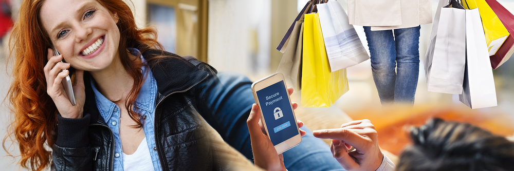 Eine Collage aus verschiedenen Bildern zeigt eine Frau die telefoniert, volle Einkaufstüten und eine Person, die einen Einkauf mit Secure Payment tätigt.