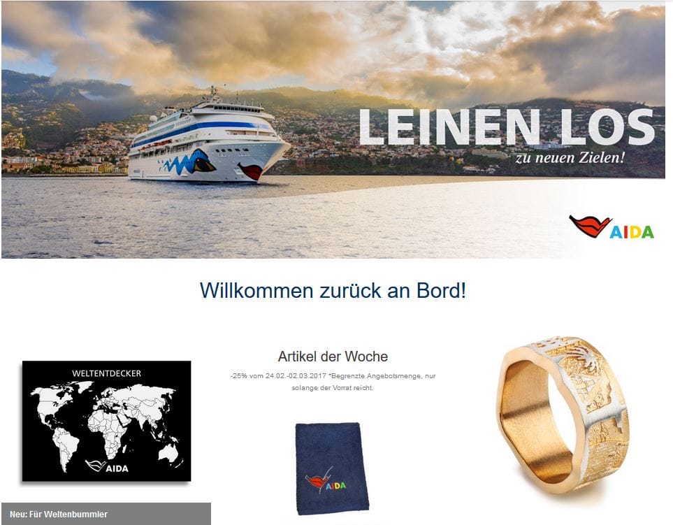 Erlebnisreise Kreuzfahrt mit umfangreichem Merchandising Angebot