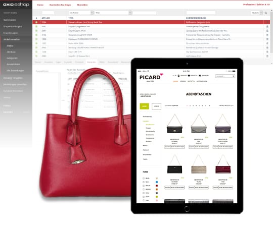 Die Professional Edition des OXID eShops. Im Vordergrund ist ein Tablet mit geöffnetem Online Shop.