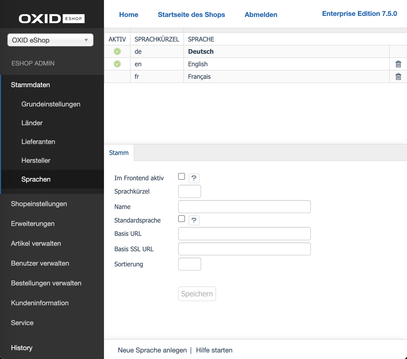 OXID-Backend mit angelegter, aber noch nicht aktiver französischer Sprache