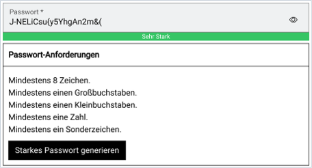 Passwortfeld mit Anforderungsliste, Stärkeanzeige und Generieren-Schaltfläche